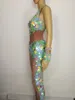 Female single leg barelegged jumpsuit sparkly Crystals Big Sequins Jumpsuit Bar Nightclub DJ singer stage Costume Star Catwalk