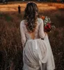 Plus la taille robes de mariée bohème avec manches longues sexy col en V dentelle balayage train plage bohème jardin pays robes de mariée robe de mariée