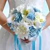 2018 New Wedding Bouquets Blue Cream Lace Satin人工サテンブライダルブライドメイドカントリーウェディングCPA1544228O用のポジーブルーチブーケ