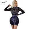 Liooil Women Crystal Dress Långärmad Bodycon Se genom Mesh Dress Svart Vin Röd Aprikos Diamanter Sexig Club Party Dresses