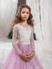 Dentelle Fleur Filles Robes Pour Les Mariages Rose Manches Longues Une Ligne Longue Pageant Robes pour Filles Enfants Robes De Bal