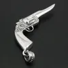 LINSION 925 Sterling Silber Carved Revolver Pistole Gun Schädel Herren Punk Anhänger 8A007 Edelstahl Halskette 24 Zoll