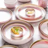 Nordic Gold Rim Marble Texture Dinnerware Set Round Ceramic Dinner Plates Soup Plate Rice Bowls Seasoning Dishes Grey Pink