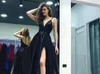 Nero profondo scollo a V A-Line abiti da ballo senza spalline fessure alte lungo backless corte strascico abiti da sera formali in raso DH4132