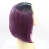 Hotselling Short Bob Straight Synthetic Wigs Heat Resistant black roots ombre purple Synthetic Lace Front Wigs for Black Women