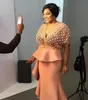 Perle Rose Tenue De Soirée Dresse Africaine Arabie Saoudite Dentelle Pour Les Femmes Robe Formelle Gaine Demi Manches Robes De Bal Celebrity Robe De Soirée