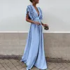 2018 Nouvelle Mode Femmes Robe Sexy Gris Col en V Dos Nu Volant Manches Courtes Maxi Robe D'été Solide Beach Party Longue Robe D1891304