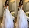 Berta Beaded Backless Wedding Dresses Deep V Neck A-Line 3D Applique Beach Wedding Bridal Dresses Floor Length Long Boho Bridal Gowns