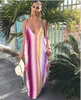 Boho Summer Stripe Sexy Kobiety Sukienka Deep V Neck Bez Rękawów Dorywczo Długa Długa Plażowa Sukienka Plus Size S-2XL