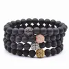 Venda Quente Micro Pave Black CZ Zircônia Cor de Ouro Rei Crown Charme Pulseira elástica Homens Matte Stone Bead Bracelet