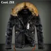 CooL ZEE Herren-Jeansjacke mit Pelzkragen, Retro-zerrissene Fleece-Jeans und Mantel für Herbst und Winter, S-XXXXL