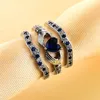 Luckyshine Hot vendeur marque de bijoux de mode femmes anneaux de mariage pour les amoureux bleu foncé en forme de coeur Zircon argent plaqué 3 pièces anneaux ensemble