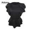 Rose Applique Women Tops Blouses Summer Short Sleeve Ruffles Shirts Evening Party Wear Peplum Top Female Shirt Black White Red