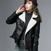 Wholesale- 2017 Shearling Sheepskin Coats Black Leather Jacket Women Short Thick Lamb Wool Fur Collar Padded Winter Motorcycle Biker Coats