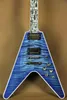 Пользовательский магазин Flamethrower Flying v Ultima Fire Tiger Blue Flame Maple Top Электрогитарный замысловатый Мать Жемчужина Абалон Пламя IN3336974