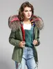 Jazzevar Women Snow Coats Brown Rabbit Fur Lining Army Green Canvas Mini Parkas med Brown Raccoon Fur