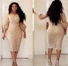 Champagne Lace Short Mother of the Bride Dresses Plus Size 2022 Tea Length 3 4 Long Sleeve Sheath Mother of Groom Gowns M02263a