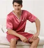 Pijama de seda masculina de verão com palhetas de gêmea de manga curta V pescoço com shorts finos plus size masswear
