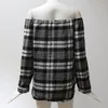 Spring Women Plaid T-shirt Slash Neck Długie Rękawy Single Pierś Pulower Siatka Drukowana Off Bluzka Ramię