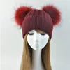 Duplo real pele de guaxinim pompom chapéu feminino inverno bonés de lã de malha chapéus crânios gorros meninas feminino dois pele pom pom gorro chapéu d14508004