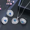 Elegante bruid sieraden set wit vergulde kleurrijke blauwe cz hart oorbellen ketting ring set Valentijnsdag cadeau voor vriendin