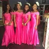 Hot Pink Cheap Off Shoulder Long Bridesmaid Dresses Short Sleeves Mermaid Prom Gowns Back Zipper Floor-Length Guest Gowns For Wedding New