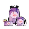 Diseño personalizado Flamingo Mochilas de lápiz Bolsa de lápiz Bolsas de almuerzo 3 PCS Conjunto para estudiantes Animal 3d Printing Schoolbag Bookbag para Boys Girls SAC A DOS