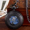  Black Mechanical Pocket Watch Men Vintage Hollow Hand Wind Fob Clock With Chain Pendant Men Women Gift