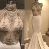 Aso Ebi Shiny Crystal Prom Dresses 2018 Nigeria Sexy African High Collar Lace Applique Beaded Party Gowns Stylish Long Mermaid Prom Dress