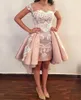 Blush cor-de-rosa overskes curto vestidos de cocktails 2018 novo tampão mangas brancas laço applique aberta volta vestidos de baile para graduação caseiro desgaste