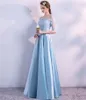 Off Shoulder Satin Evening Dresses Baby Blue 2018 Half Sleeves Långkvällar Golvlängd Prom Dress