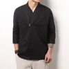 MRDONOO T-shirt da uomo in lino con maniche a tre quarti in stile cinese, top corto in lino di cotone a mezza manica sciolto in stile cinese