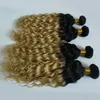 4pcs blond brasiliansk kinky lockig ombre hår 100% mänskligt hår buntar t1b / 613 brasilianska hårväv buntar non remy förlängning dubbeldragen