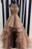 Newest High Low Prom Dresses Halter Sequins Beaded Tiered Organza Skirt Sparkly Backless Prom Dresses Graduation Dresses HY4095