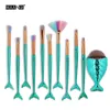 Mermaid Makeup Brushes Set 11pcs Foundation Eyebrow Eye Shadow Contour Beauty Cosmetic Make Up Brush Kit Tools with Little Fish Tail