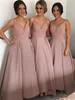 Blush Country Bridesmaid Dresses V Neck Top Pärled Satin Bohemian Evening Dresses Hi Low Backless Prom Clowns HY4069