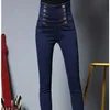 Grande taille 2018 taille haute à lacets bleu Jeans femmes Double boutonnage Skinny Denim pantalon mode extensible crayon pantalon