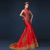 Overseas Kinesisk Lyx Blå Röd Broderad Kinesisk Aftonklänning Lång Cheongsam Bride Bröllop Qipao Mermaid Värd Klänningar Oriental Qi Pao