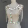 Akyzo Crazy Crystal Sequin Dames 2 Stuk Sets Grappige Festival Outfits Handgemaakte Patchwork Metal Kwastketen Crop Top Women's Set