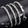 925 Sterling silver 2MM 3MM Twisted Rope Chain Halsband För Kvinnor Män Modesmycken 16 18 20 22 24 26 28 30 tum