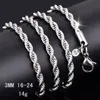 Collane a catena in argento sterling 925 2MM 3MM con corda intrecciata per gioielli moda donna uomo 16 18 20 22 24 26 28 30 pollici