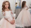 2019 mooie Arabische blozen roze bloem meisjes jurken voor bruiloften lange mouwen kant applicaties baljurk verjaardag meisje communie pageant jurk