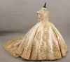 Vestidos dorados de cuello alto para niñas, vestidos de flores para bodas, vestido de baile con cuentas y apliques de encaje, vestido de desfile para niñas, vestidos de cumpleaños con mangas casquillo