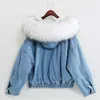 큰 가짜 모피 칼라 겨울 재킷 여성 대형 배트 윙 슬리브 데님 재킷 울 라이너 청바지 코트 veet 따뜻한 Jaqueta Hoodies S1031
