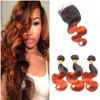 Orange Ombre Mänskligt hårbuntar med spetsavslutning T1B 350 Europeiskt Virgin Hair 3bundles och Top Stängning Två Tone Body Wave Double Weft