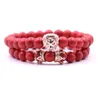 2 Pz/set Animale Re Testa di Leone Rosso Turchese Braccialetto di Pietra Naturale Corona Paio Set di Braccialetti Per Gli Uomini Gioielli A Mano Accessori Uomo donna