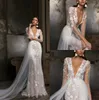 Julie Vino Beach Mermaid Wedding Dresses With Overskirts V Neck Long Sleeve Bridal Gowns Floor Length Lace Appliqued Wedding Dress