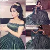 2018 Vintage Quinceanera Ball Gown Dresses Off Shoulder Hunter Green Lace Applique Beads Sweet 16 Vestido Long Satin Party Prom Evening Gown