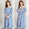 Floral Print Slipsar Midja Maternity Lång Klänning Sommar Koreanska Mode Kläder för Gravida Kvinnor Lösa Graviditetskläder