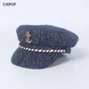 USPOP 2018 Nova Moda Mulheres Tweed Newsboy Caps Inverno Chapéus Quentes Diamante Flor Flat Top Visão Caps Casual Feminino Cap